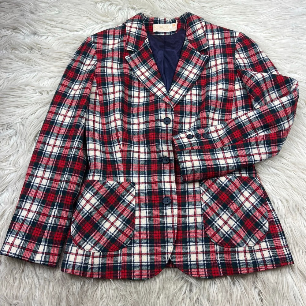 Vintage Pendleton Women's 12 Tartan Wool Blazer Red Navy White Green